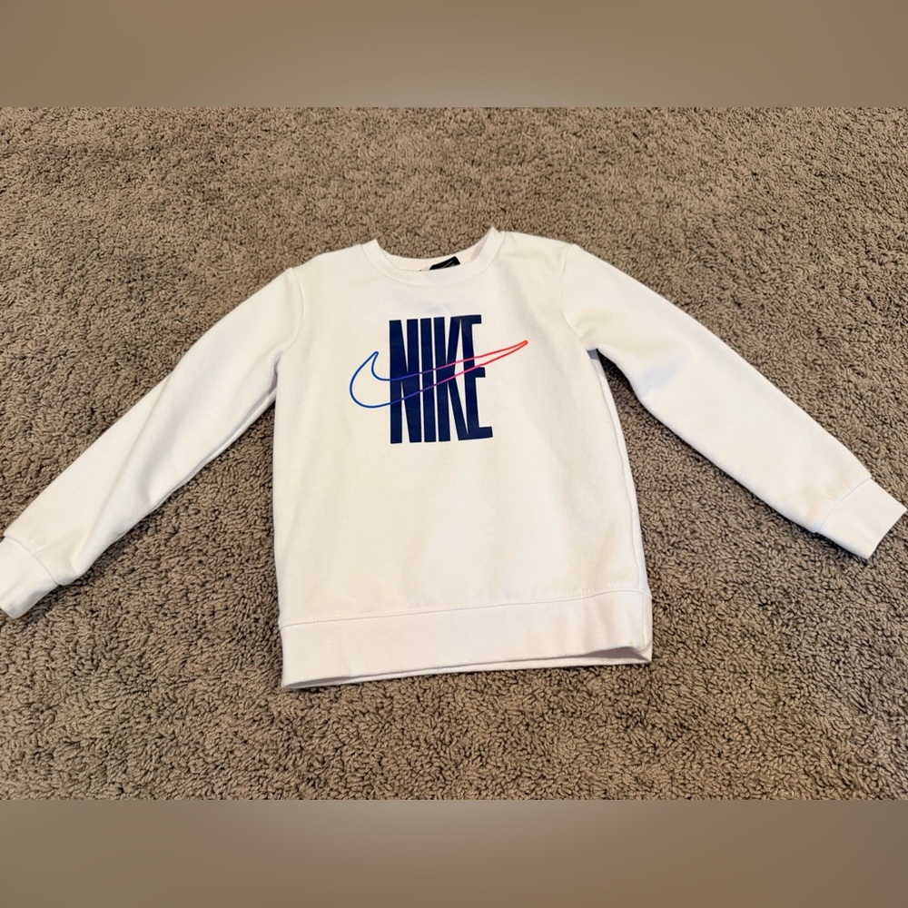 Nike White Crewneck Sweatshirt with Navy Logo and Blue/Red Swoosh